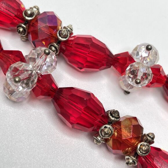 Artisan Red White Glass Beaded STatement Necklace Elegant Stunning Sparkly 21” - Picture 6 of 7